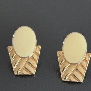 Vintage Art Deco Gold and cream enameled Geometric Stud Earrings